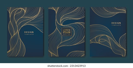 Vector set of abstract wavy liquid cards, hand drawn line waves. Golden luxury covers, japanese style package, posts, brochures
