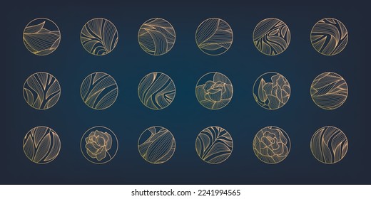 Vector set of abstract wavy minimal line organic, floral circle logos. Marble line emblem for badge, print, icon, highlight stories. Meditation, spa, cosmetics