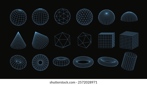 Vector set of abstract wireframe geometric shapes: sphere, cube, torus and others that glow neon blue. Retro cyber style illustrations on black background. 00s Y2k aesthetics. Brutalism.