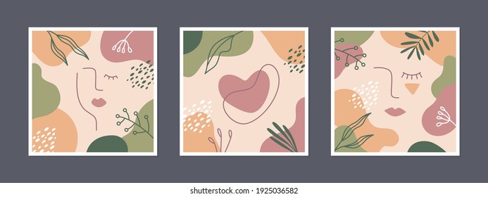 Vector set of abstract woman line art faces with geometric shapes, color spots and floral elements. Natural colors. Suitable for social media posts, covers, banners, beauty industry.