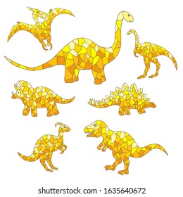 Vector set of abstract yellow dinosaurs on a white background. For design of mosaics, stained glass, covers, packages, and textile prints