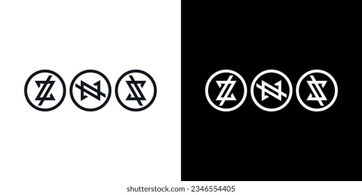 Vector set of abstract Z, N, and S alphabet logos, black and white colors.