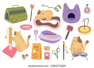 Vector set of accessories and grooming tools for cats.Cute pet cat. Pet and pet store equipment. Scratching post,cat litter box, toys, food, carrier, fluffer and scissors, soft seat, plates.Flat style