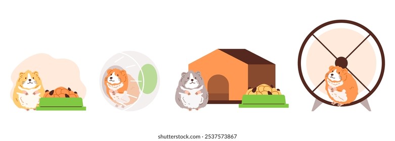 Um conjunto vetorial de acessórios para um hamster: uma bola que anda, uma roda que corre, uma casa, uma tigela. Estes roedores bonitos com pele marrom e cinza decorarão qualquer design.