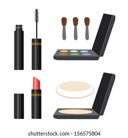 Vector set of accessories for a makeup: lipstick, shadow, ink, powder