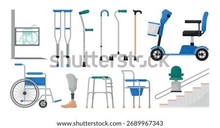 Vector set of accessories for people with disabilities, including wheelchairs, crutches, canes, scooters and other mobility aids and equipment on a white background