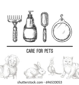 Vector set of accessories for pet care.