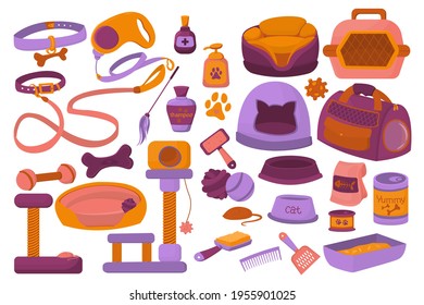 Vector set of accessories for pets. Soap accessories for cats and dogs isolated on white background. Pet carrier, food, sun beds, pet toys. Leash, collar, animal shampoo.