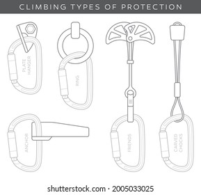 Vector set of accessories for securing while mountain climbing. Isolated on white background.