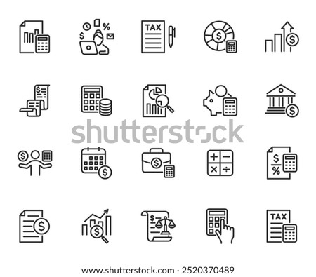 Vector set of accounting line icons. Contains icons financial statement, tax return, invoice, accountant, financial audit, budget, balance sheet and more. Pixel perfect.