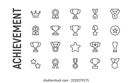 Vector set of achievement thin line icons. Design of 20 stroke pictograms. Signs of achievement isolated on a white background.