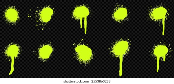 Vector set of acid spray paint splatter and drip effects. Green splashes, ink spots, and grunge stains create a dynamic urban background.