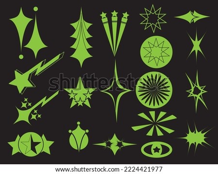 Vector set of acid Y2K stars, elements and futuristic graphic ornaments for decoration.