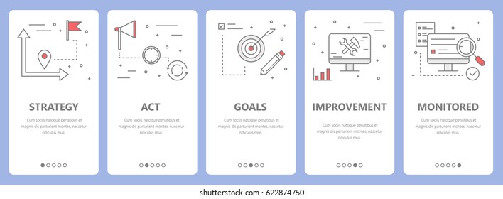 Vector set of action plan concept vertical banners. Strategy, act, goals, improvement and monitored concept elements. Thin line flat design symbols, icons for website menu, print.