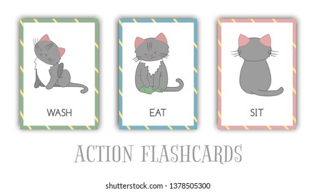 Vector set of actions flash cards with cat. Cute character washing, eating, sitting. Cards for early learning. 
