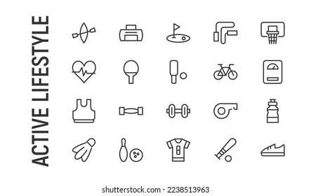 Vector set of active lifestyle thin line icons. Design of 20 stroke pictograms. Signs of active lifestyle isolated on a white background.