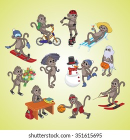 vector set of active monkeys performing human activities