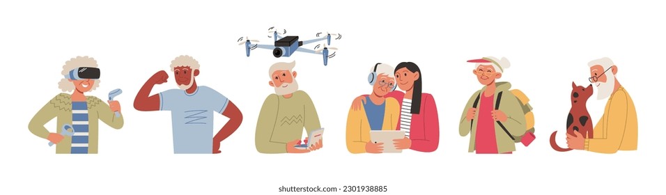 Vector set of active seniors. Modern grandparents actively spend time in sports, digital tools, gadgets, virtual reality, caring for animals, studying modern technologies