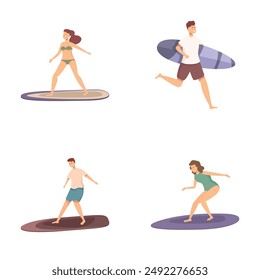 Conjunto de Vector de surfistas activos disfrutando de deportes acuáticos y actividades de playa en una ilustración de estilo de vida de verano tropical con surfistas masculinos y femeninos montando olas en tablas de surf