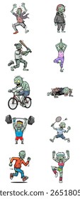 Conjunto de Zumbis Ativos - Personagens de Zumbis de Animação Fazendo Esportes Como Correr, Ciclismo, Levantamento de Peso, Jogando Tênis e Praticando Yoga com Diversão e Expressões Assustadoras
