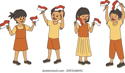 Vector set activities of Indonesian kids and children with red and white flags and national colors style Independent Day decorations and celebration