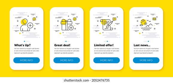 Vector set of Add gift, Add user and Agreement document line icons set. UI phone app screens with line icons. Sea mountains icon. Present box, Profile settings, Legal contract. Summer travel. Vector