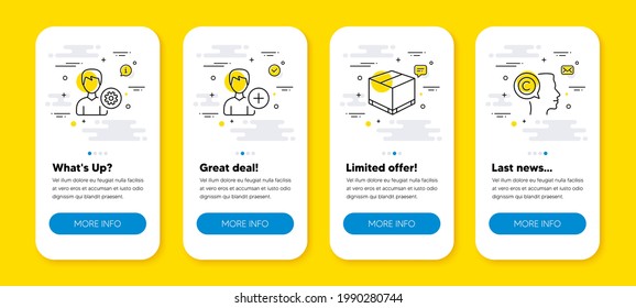 Vector set of Add person, Support and Delivery box line icons set. UI phone app screens with line icons. Writer icon. Edit user data, Edit profile, Cargo package. Copyrighter. Phone UI banners. Vector