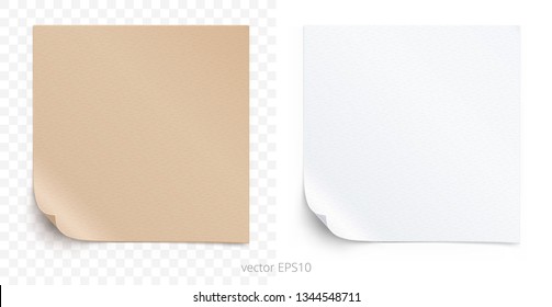 Vector set of adhesive stickers with a folded corners. Tan cardboard and white paper squares. Blank perfect templates of a price tags. Empty mock up for memos. Realistic textures. Transparent shadows