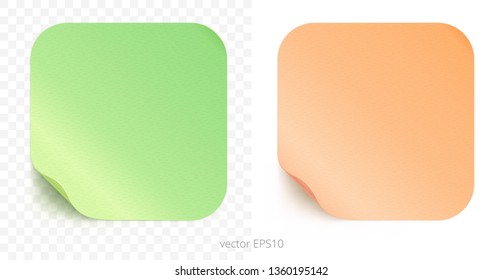 Vector set of adhesive stickers with a folded edges. Paper rounded squares of lime green and peachy orange gradients. Blank templates. Empty mockup of tags with realistic textures. Transparent shadows