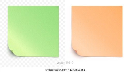 Vector set of adhesive stickers with a folded edges. Paper squares of lime green and orange watercolor gradients. Blank templates. Empty mockup of tags with realistic textures. Transparent shadows