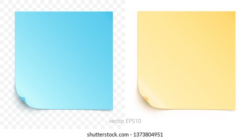 Vector set of adhesive stickers with a folded corners. Light blue and yellow paper squares. Blank perfect templates of a price tags. Empty mock up for memos. Realistic textures. Transparent shadows
