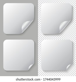 Vector set of adhesive stickers with a folded edges. paper round stickers with peeling corner, isolated rounded plastic mockup signs, vector illustration