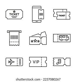 Vector set of admission tickets thin line. Collection of linear symbols on a white background. Editable stroke.