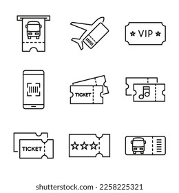 Vector set of admission tickets thin line. Collection of linear symbols on a white background. Editable stroke.