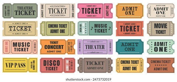 Vector set of admit one ticket templates. Tickets for cinema, movie, theater, music, etc. Event admission, entrance pass set. Vector illustration