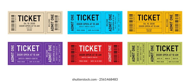 Vector set of admit one ticket templates. Modern and Colorful Admission Passes. cinema, concert, movie, play, party, event, circus, carnival, film, festival.