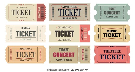 Vector set of admit one tickets template. Ticket for cinema,movie,circus,theatere,film,festival,casino,club,music etc. Event admission, entrance pass set .Vector illustration