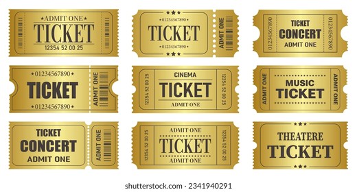 Vector set of admit one tickets template. Golden ticket for cinema,movie,circus,theatere,film,festival,casino,club,music etc. Event admission, entrance pass set .Vector illustration