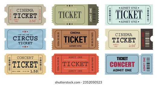 Vektorset für die Freigabe einer Ticketvorlage. Ticket für Kino, Film, Zirkus, Theater, Film, Festival, Casino, Club, Musik usw. Eintritt für Veranstaltungen, Eintrittskarte für den Pass .Vektorgrafik