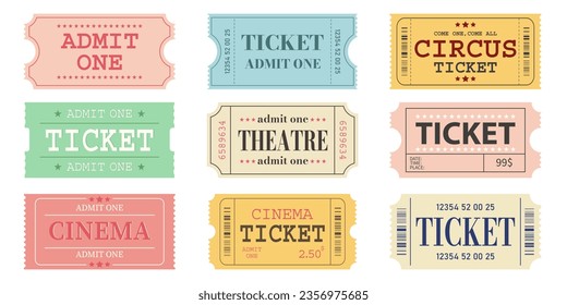 Vector set of admit one tickets template. Ticket for cinema,movie,circus,theatere,film,festival,casino,club,music.Vector illustration