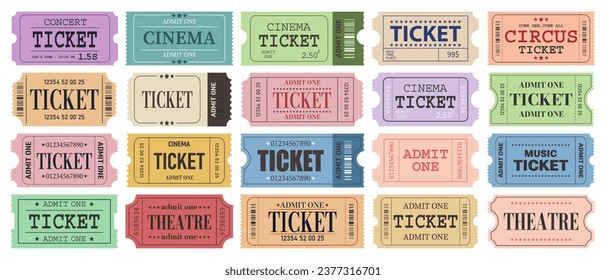 Vector set of admit one tickets template. Ticket for cinema,movie,circus,theater,film,festival,casino,club,music etc. Event admission, entrance pass set .Vector illustration