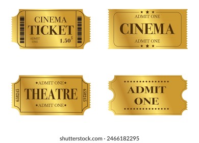 Vector conjunto de admitir una Plantilla de boletos. Boleto de oro para el cine, el cine, el circo, el teatro, el cine, el festival, el casino, el club, la música, etc. Admisión al evento, set de pases de entrada .Ilustración vectorial