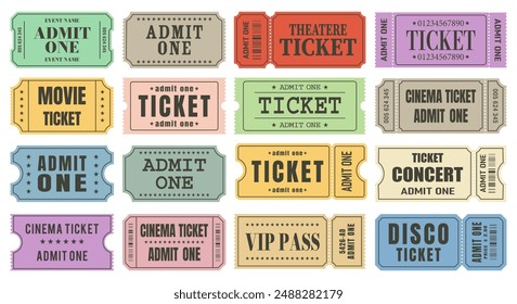 Vector set of admit one tickets template. Ticket for cinema,movie,circus,theater,film,festival,casino,club,music etc. Event admission, entrance pass set .Vector illustration