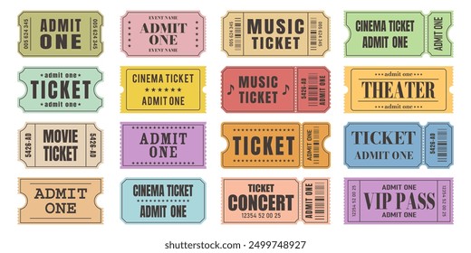 Vector set of admit one tickets template. Ticket for cinema,movie,circus,theater,film,festival,casino,club,music etc. Event admission, entrance pass set .Vector illustration