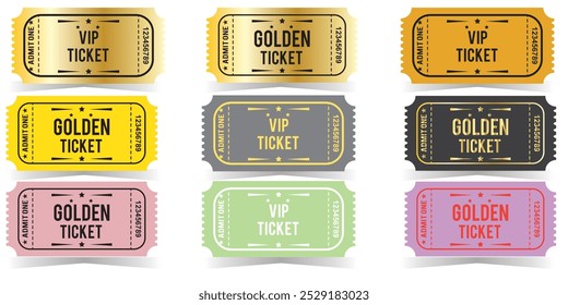 Vector set of admit one tickets template. Ticket for cinema,movie,circus,theater,film,festival,casino,club,music etc. Event admission, entrance pass set .Vector illustration