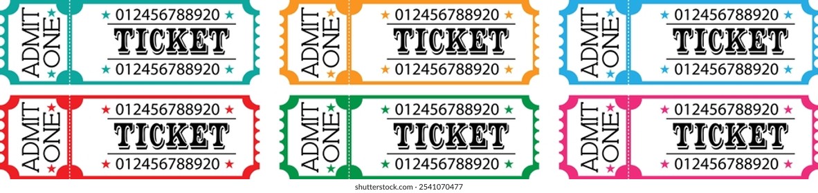 Vector set of admit one tickets template. Ticket for cinema,movie,circus,theater,film,festival,casino,club,music. vector eps10