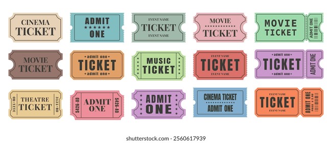 Vector set of admit one tickets template. Ticket for cinema,movie,circus,theater,film,festival,casino,club,music etc. Event admission, entrance pass set .Vector illustration