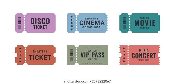 Vector set of admit one tickets template. Ticket for cinema,movie,circus,theater,film,festival,casino,club,music etc. Event admission, entrance pass set .Vector illustration