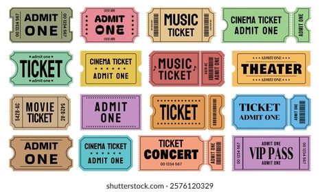 Vector set of admit one tickets template. Ticket for cinema, movie, circus, theater, film, festival, casino, club, music etc. Event admission, entrance pass set .Vector illustration