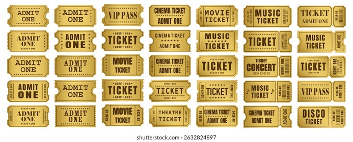 Vector set of Admit One tickets template. Golden ticket for cinema, movie, circus, theater, film, festival, casino, club, music, etc. Event admission, entrance pass set. Vector illustration.
